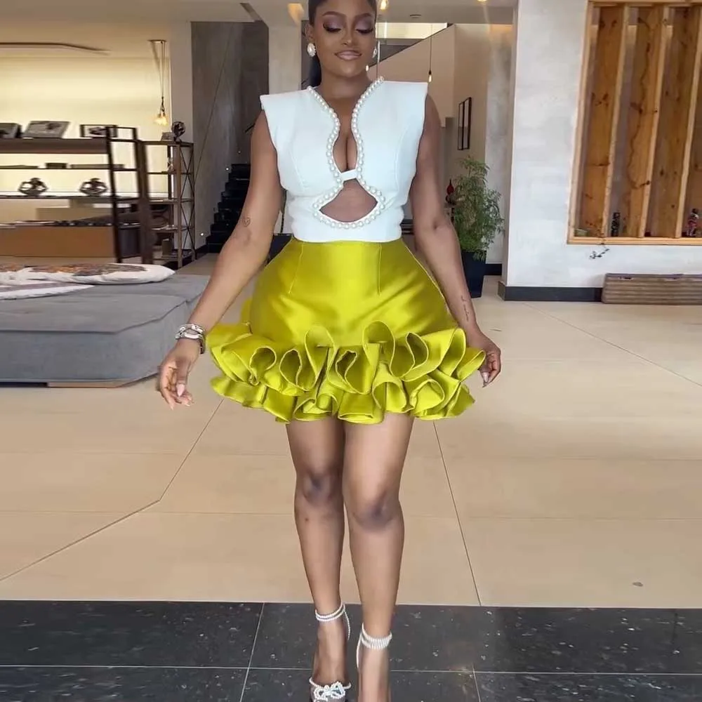 

Индивидуальный пошив: мини-юбка лаймового цвета с рюшами из шелкового атласа, африканская юбка для дня рождения, короткая юбка с рюшами для девочек, на молнии, любой размер