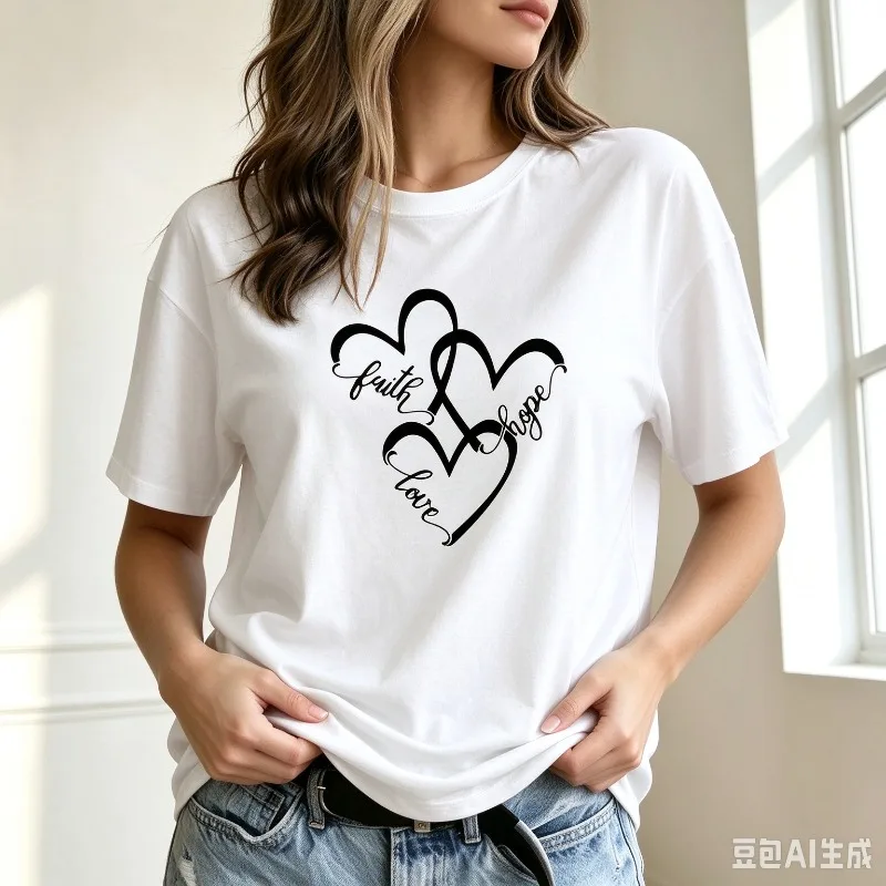 Women Faith Hope Love T Shirt Three Hearts Graphic Modal Tee Inspirational Casual Short Sleeve Top for Daily Office Vacation
