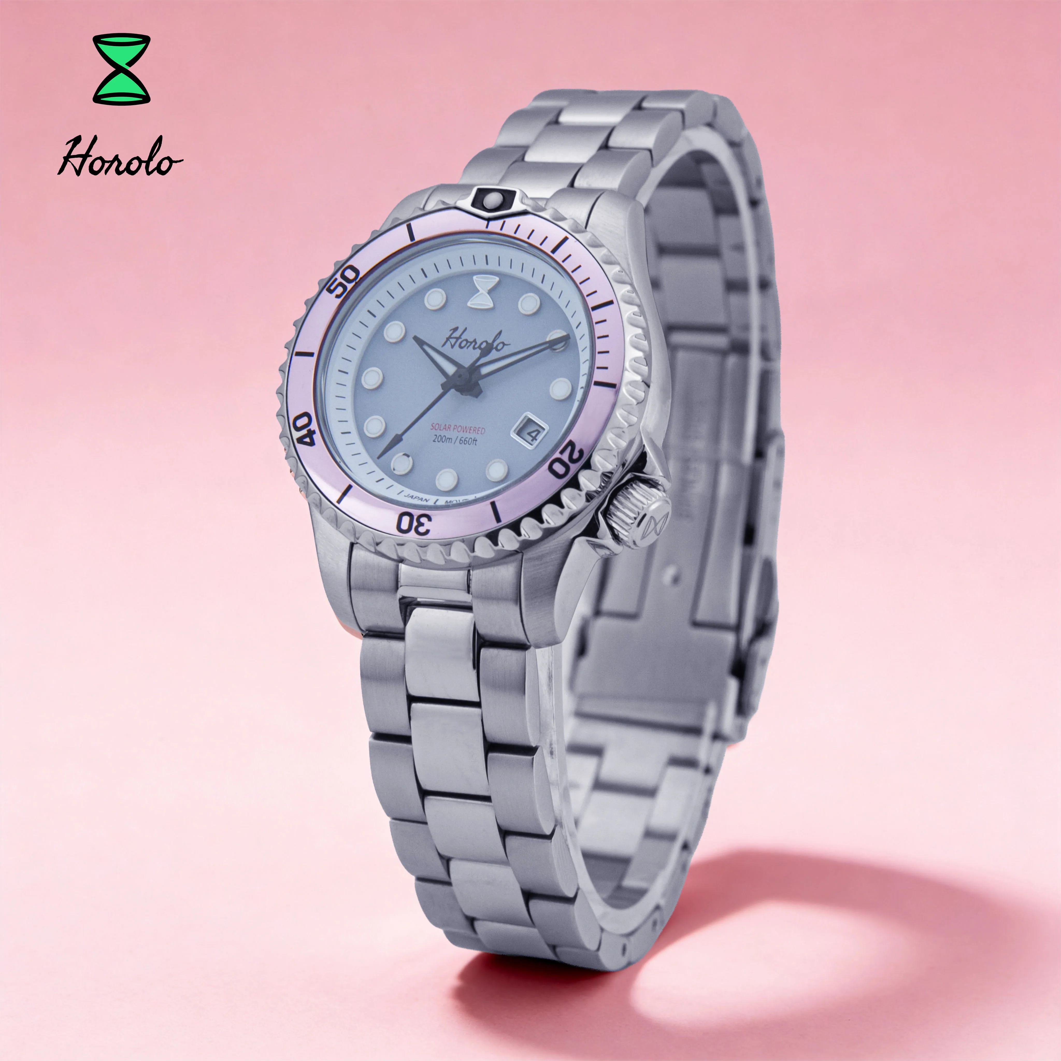 Horolo – montre de luxe pour femmes, 30mm, mouvement solaire japonais, lumineuse, résistante à l'eau, saphir, acier inoxydable, cadeau pour femme