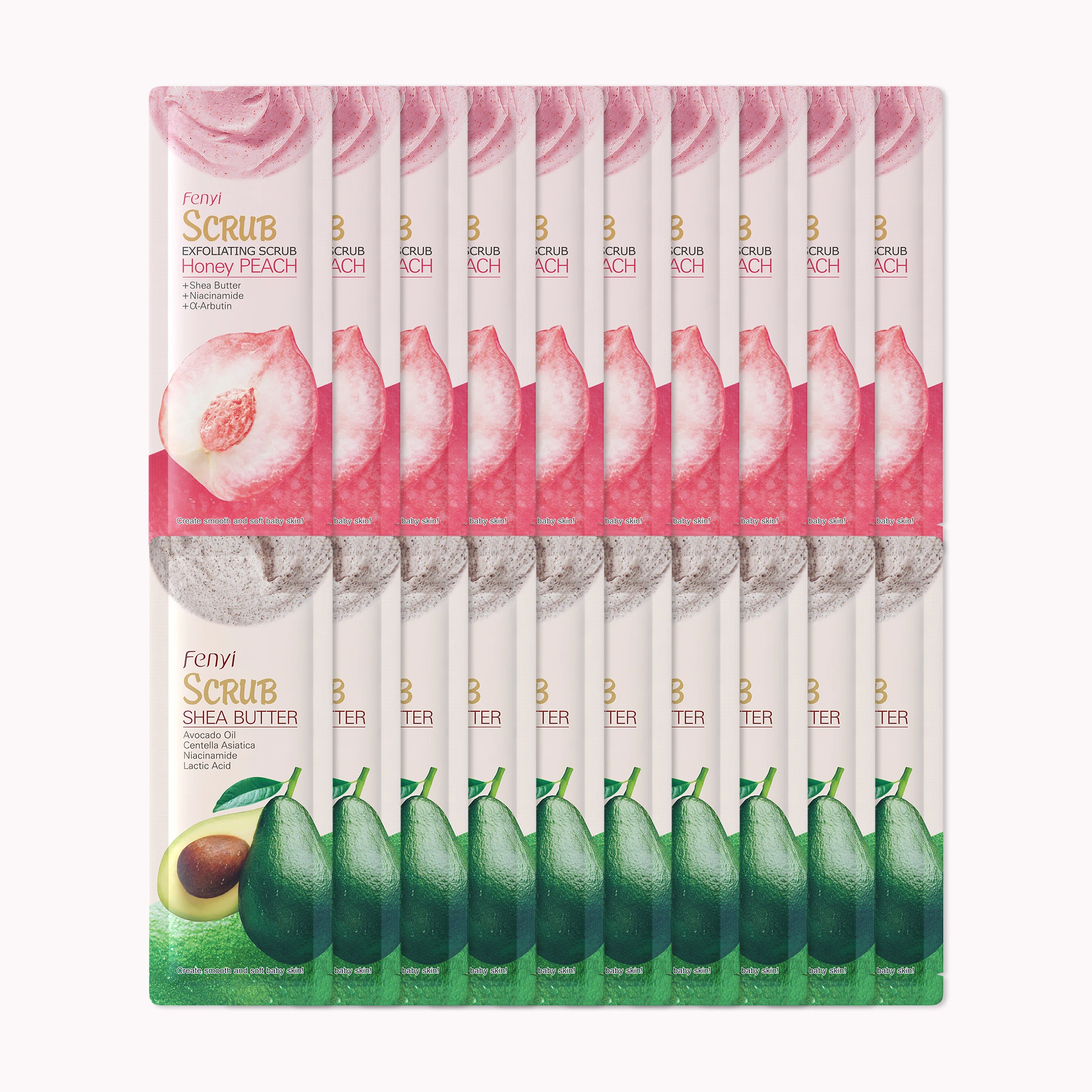 20Pcs FENYI Body Scrub Sample Pack, Shea Butter & Peach Exfoliating Scrub 3g*20 Gentle Dead Skin Remover Mini Trial Set