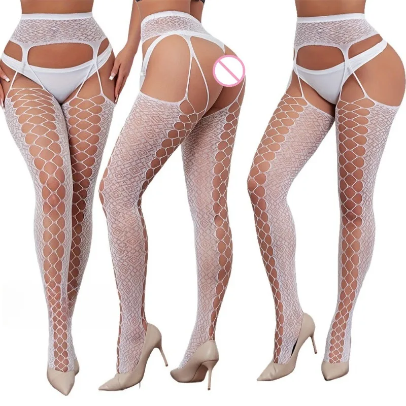 

Sexy Garter Stockings Fishnet Tights for Women Sexy Lingerie White Suspender Retro Hollow Out Open Crotch Pantyhose Sexy Hosiery