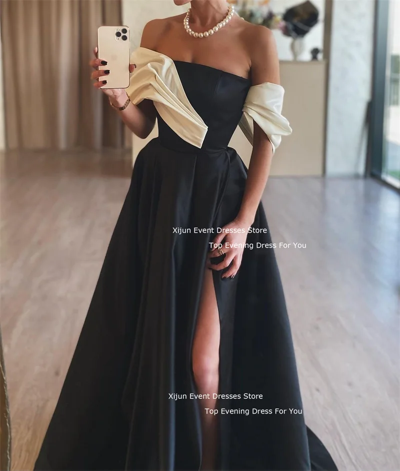 Xijun Black Whte Satin Long Evening Dresses Side Slit Floor Length Prom Dresses Formal Occasion A-Line Prom Gowns For Women \\