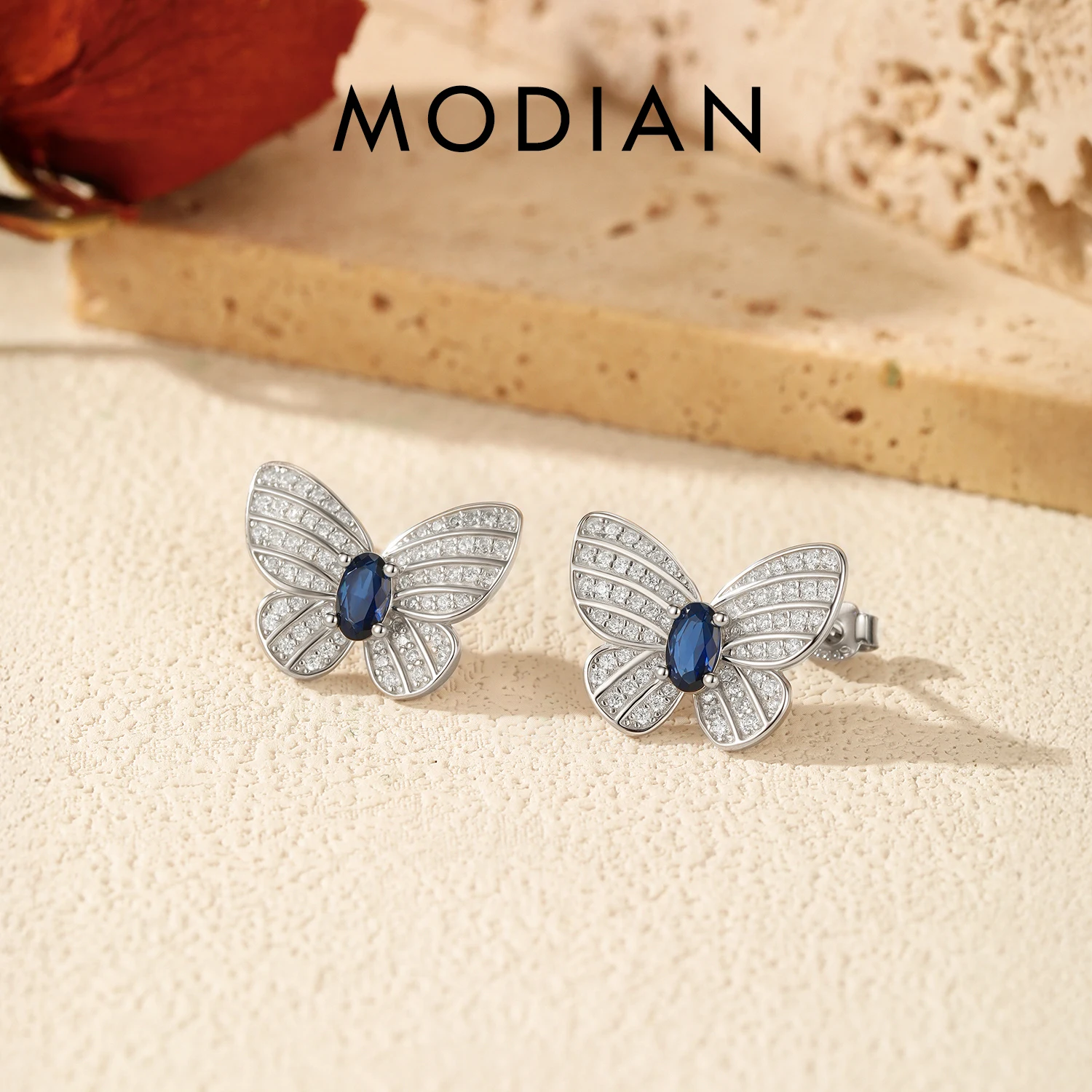 MODIAN Elegant Royal Blue Zirconia Ear Studs 925 Sterling Silver Exquisite Luxury Butterfly Stud Earrings For Women Fine Jewelry