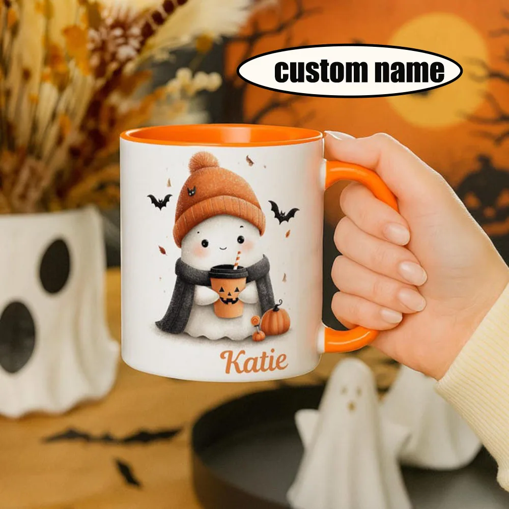 

Personalised Ghost Halloween Mug Cute Custom Name Autumn Coffee Mug October Spooky Season Cup Ghost Pumpkin Latte Mug