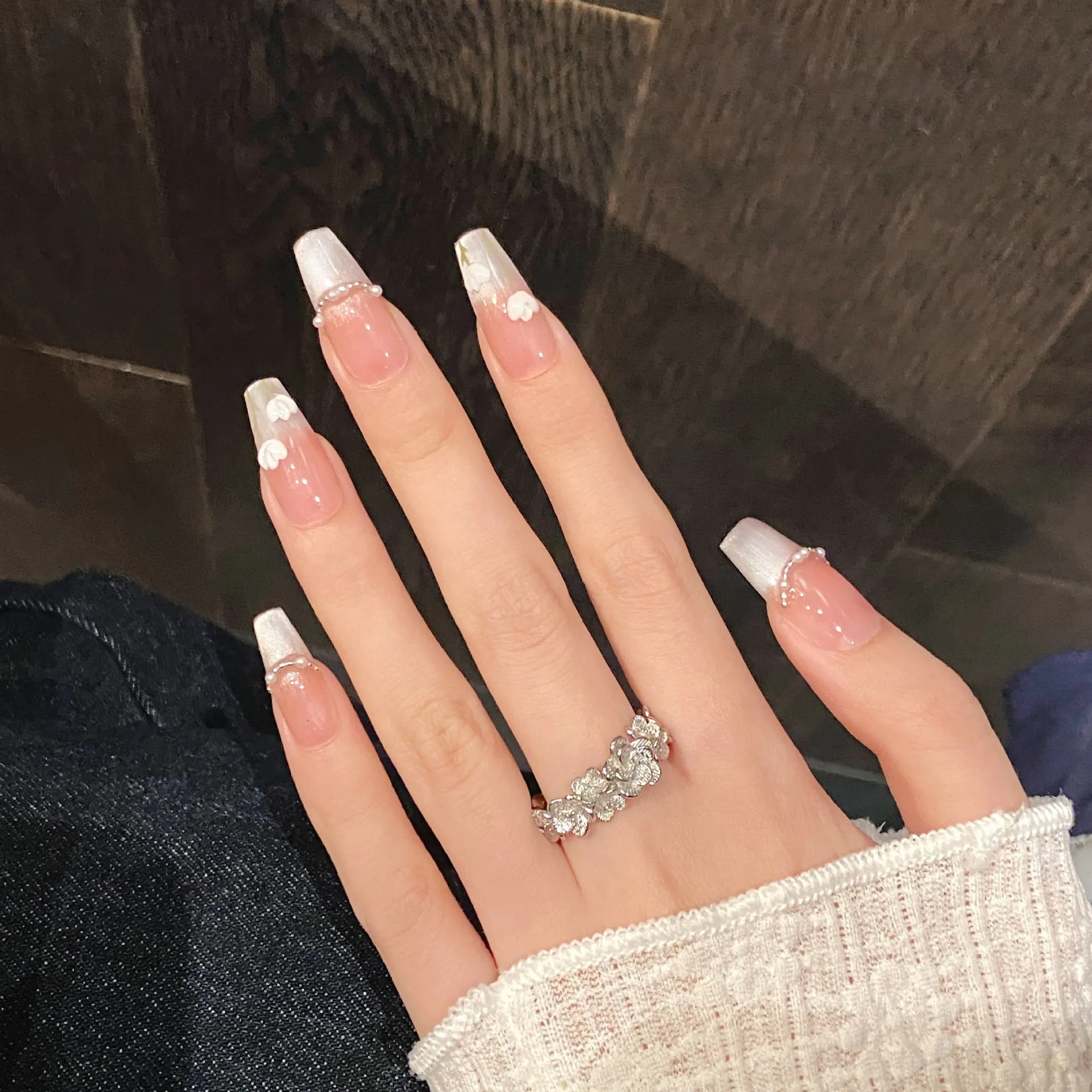 10 stuks middellange ballet handgemaakte nagels tip draagbaar cat's eye nep nagel glitter steentjes valse nagel kunst bloem druk op nagels