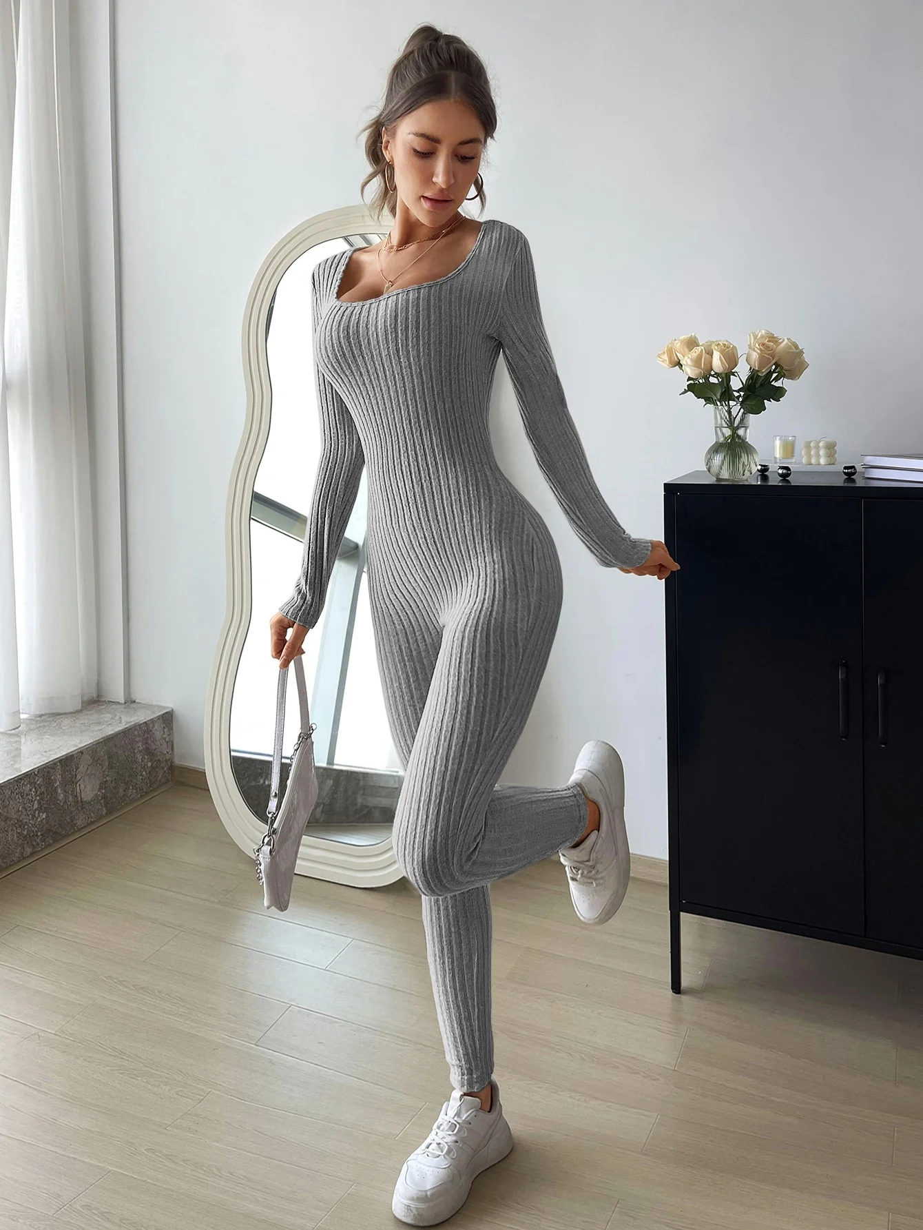 Autumn Winter Jumpsuits For Women Streetwear Long Sleeve Square Neck Solid Bodycon Sexy  Rompers Casual Skinny Fashion Overall