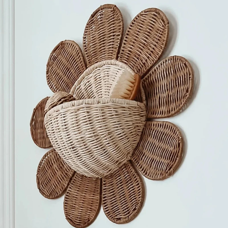 Nordic Style Storage Basket Children's Room Wall Decor Vine Weaving Sunflower Rack Bathroom Key Holder Chic Home