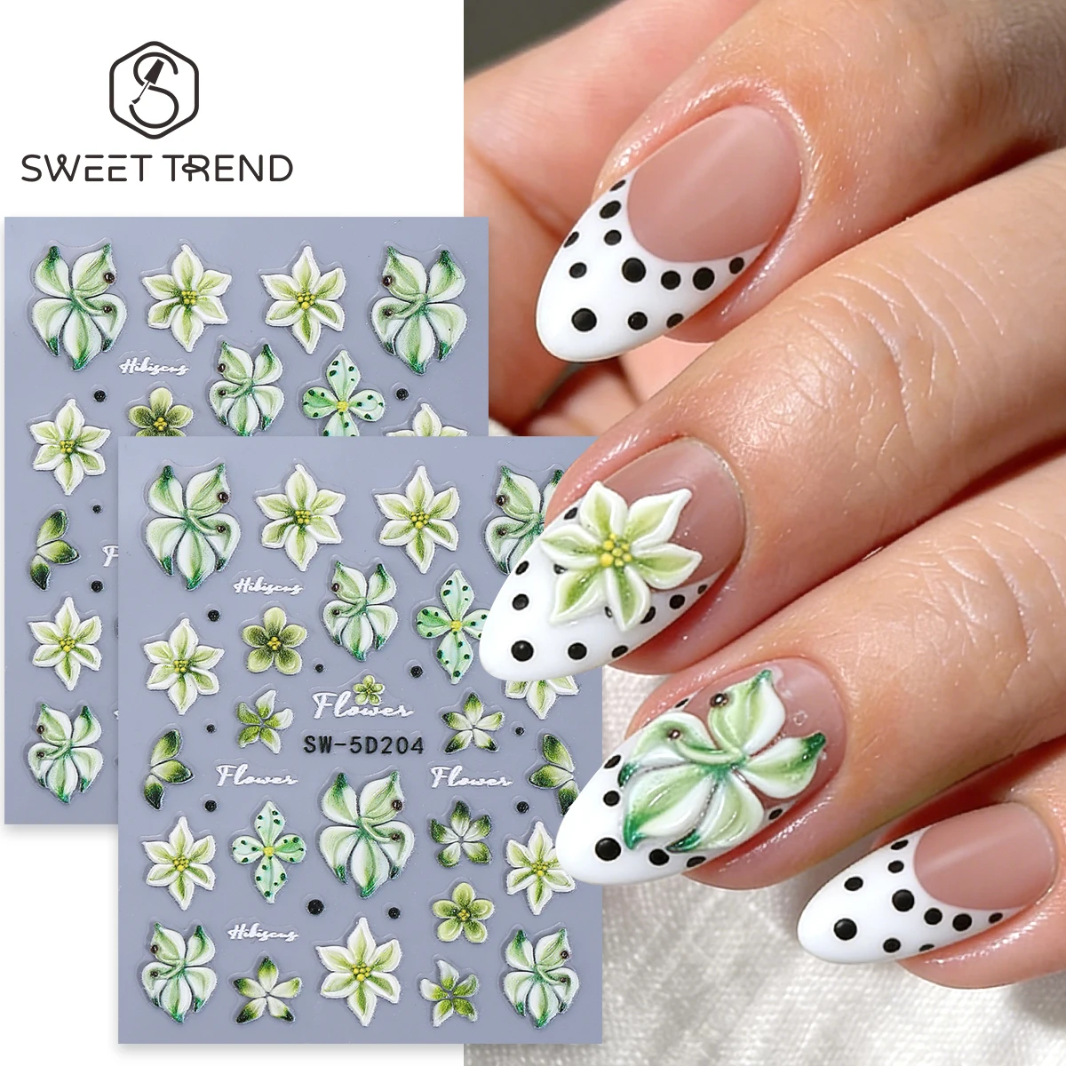 

2pcs 5D Green Textured Flowers Nail Manicure Stickers Fresh Style Spring Summer Adhesive Decals Elegant Lily Floral Foils Decor