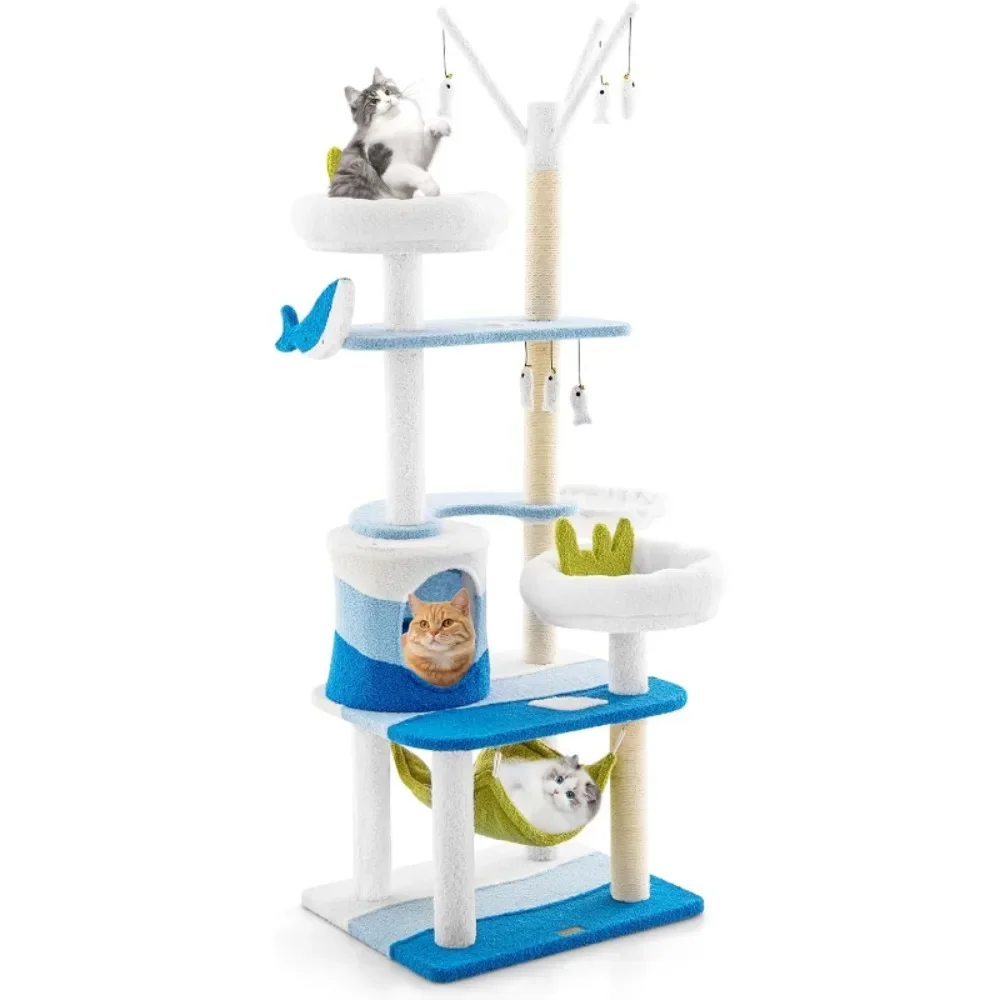 

Ocean-Themed Cat Tree for Indoor Cats, Multi-Level Cat Tower with Natural Sisal Scratching Posts, Hanging Toys and Padded