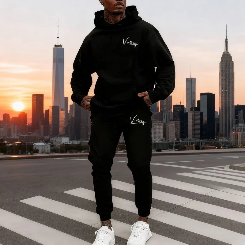 

Мужской повседневный хлопковый спортивный костюм с капюшоном - дышащие брюки для бега, комплект из 2 предметов с карманами для бега на открытом воздухе, городская уличная одежда, мягкая