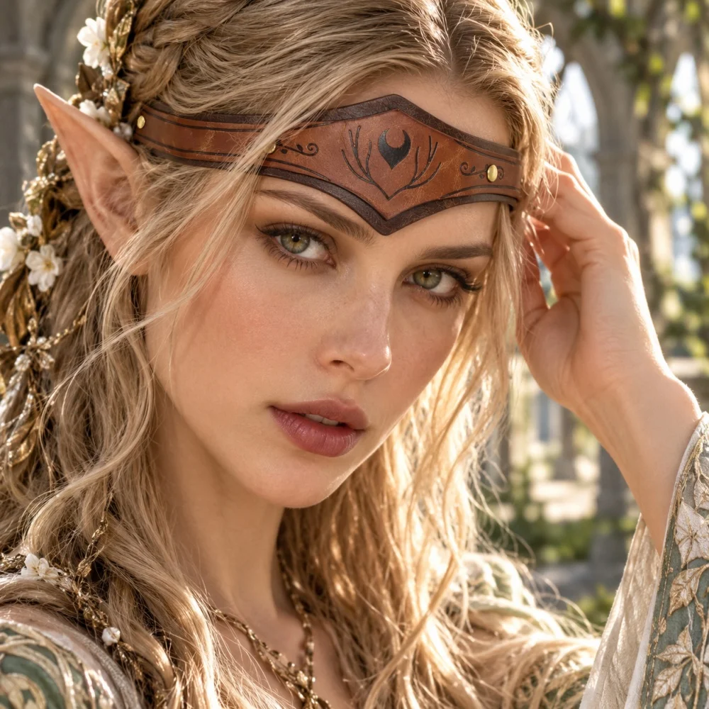 Women Medieval PU Leather Elf Headband Moon Forehead Circlet Forest Druid Renaissance Warrior LARP Halloween Fantasy Cosplay Acc