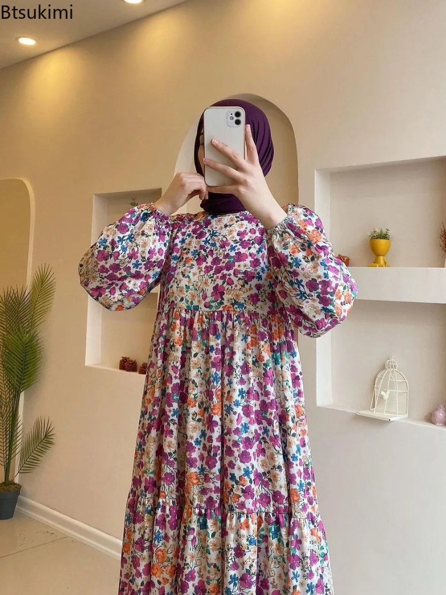 Muslim Fashion Women Flower Print Long Dress Casual Long Sleeve Big Swing Dress Dubai Islamic Clothing Women Vintage Abaya Robes