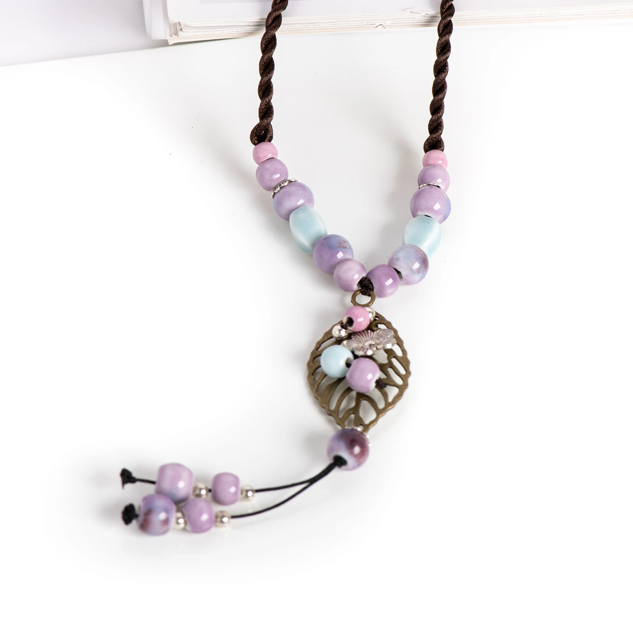 Handmade Heart Pendant Ceramic Necklace for Women Vintage Long Adjustable Boho Sweet Style Jewelry