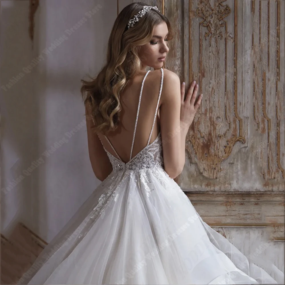 2024 Shine Tulle Surface Women abiti da sposa Sexy Deep-V abiti da sposa senza maniche stampa brillante Princess Vestidos De Novias