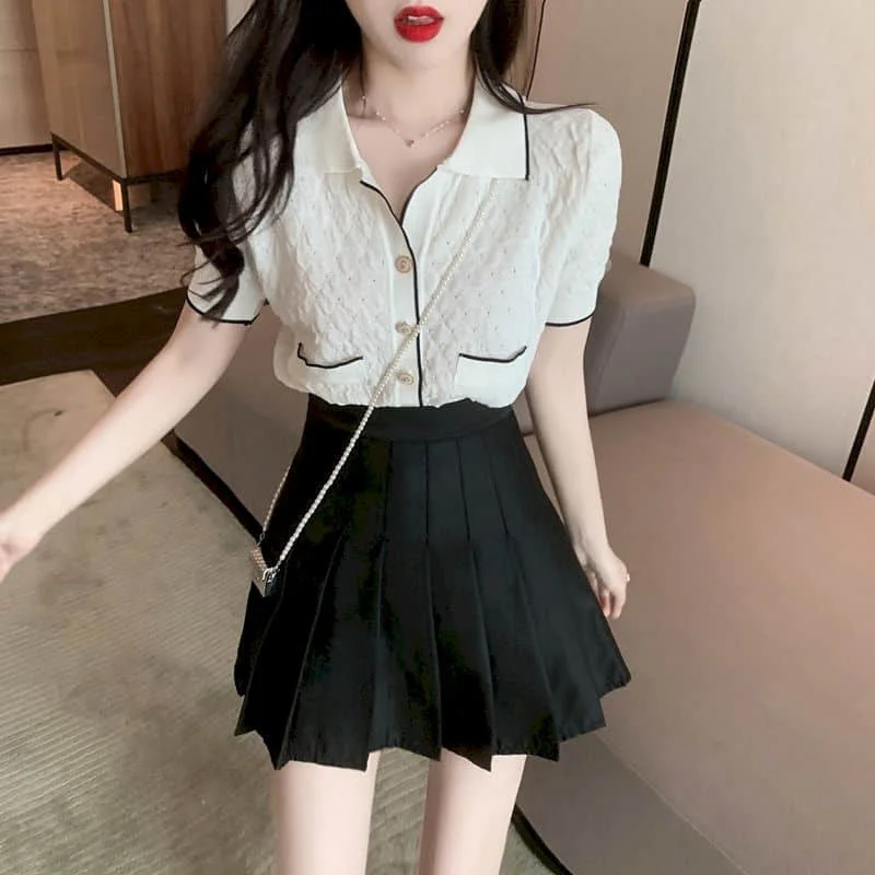 Dress Sets Casual Summer New Korean Style Button Pocket Short Sleeve Knit Shirts and Pleated Skirts Two Piece Sets Women Outfits