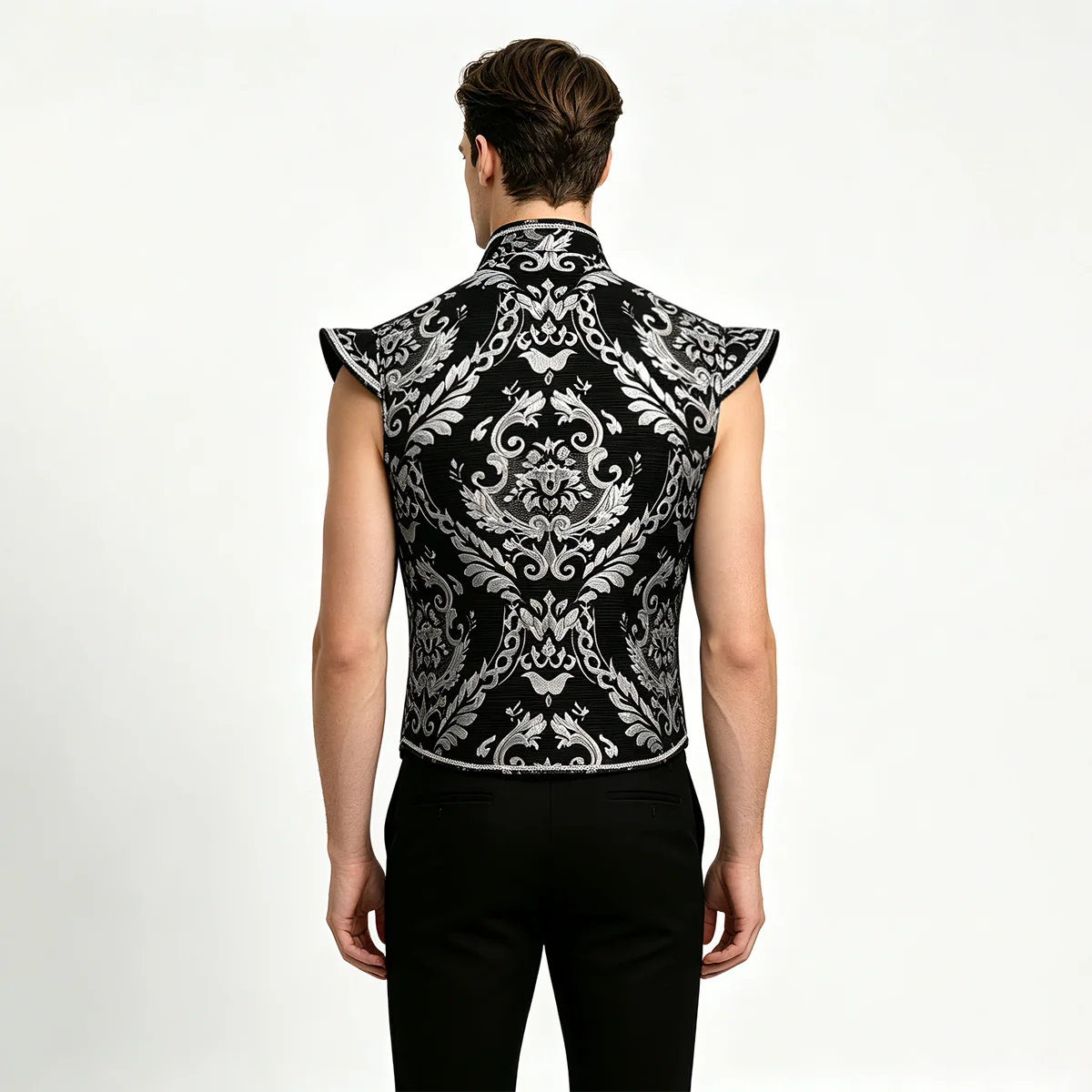 Chaleco gótico de hombre con estampado jacquard, estilo victoriano, con cuello alto, sin mangas, ideal para disfraces de Halloween y cosplay.