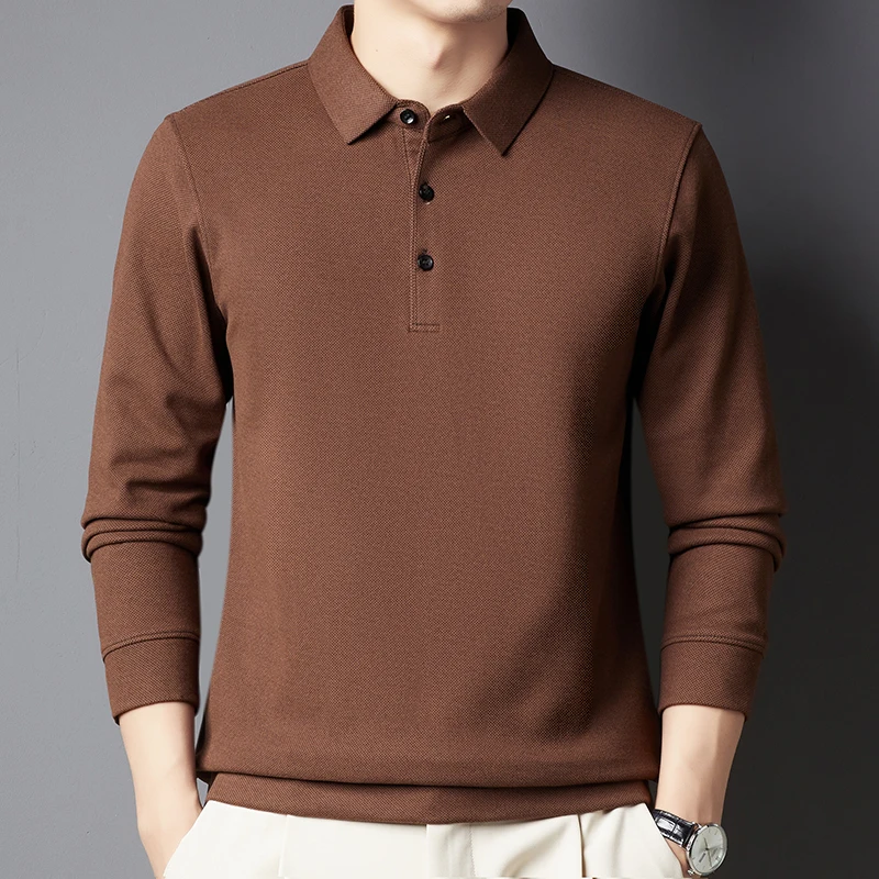 

2025 Autumn New Style Lapel T-shirt Men's Long Sleeved Solid Color Long Staple Cotton High Stretch Casual Hoodie Base Shirt