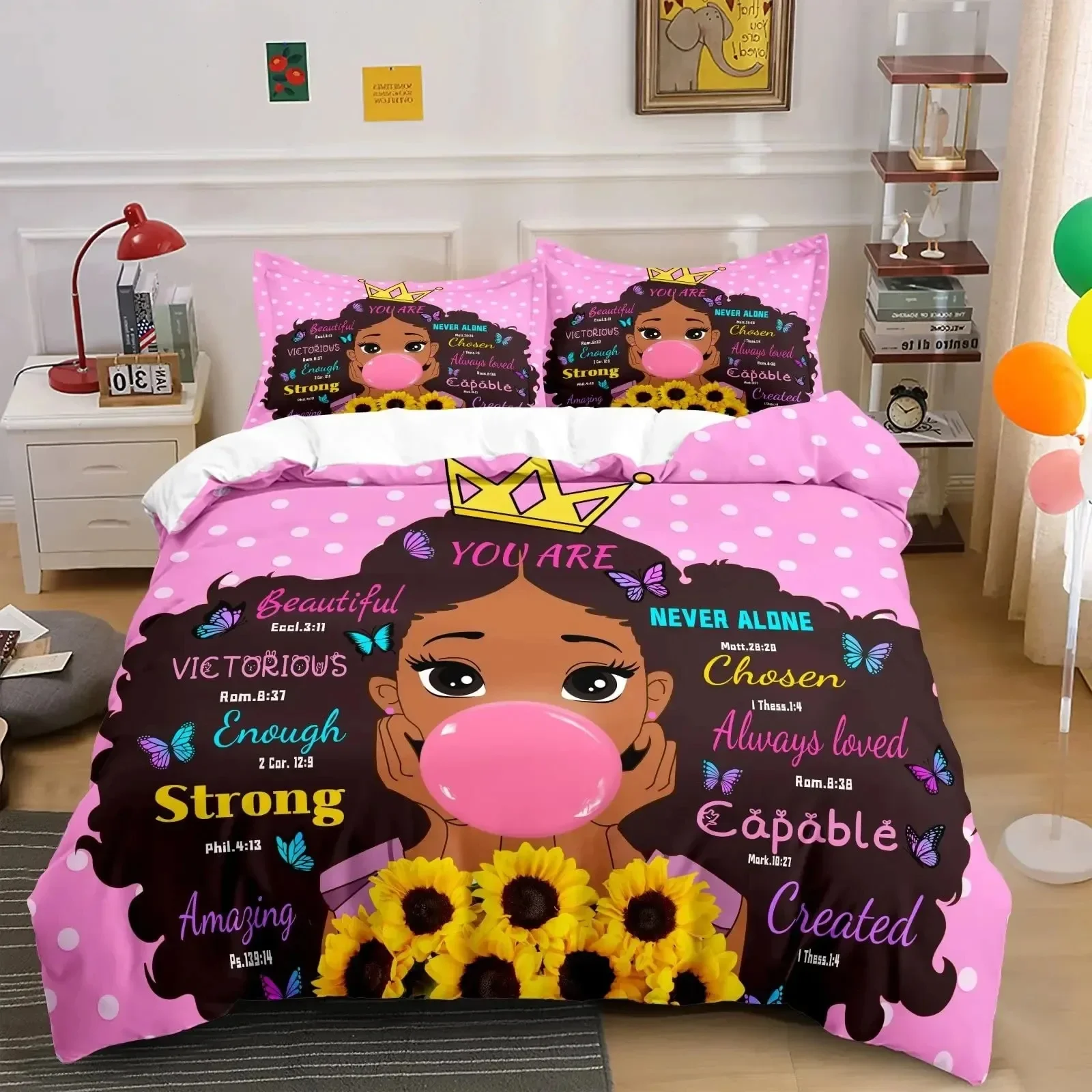 

American Black Girl Duvet Cover Set,Black Girl Magic Bedding Set Full Size,Cute Little Afro Black Princess Comforter Cover Sets