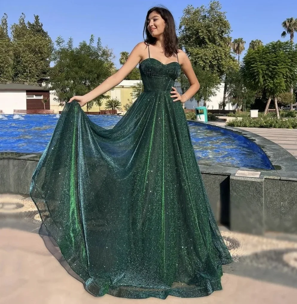 

2025 Sexy Dark Green Evening Dress Spaghetti Straps Sequins Prom Party Gown Vestidos De Fiesta Robe De Soriee