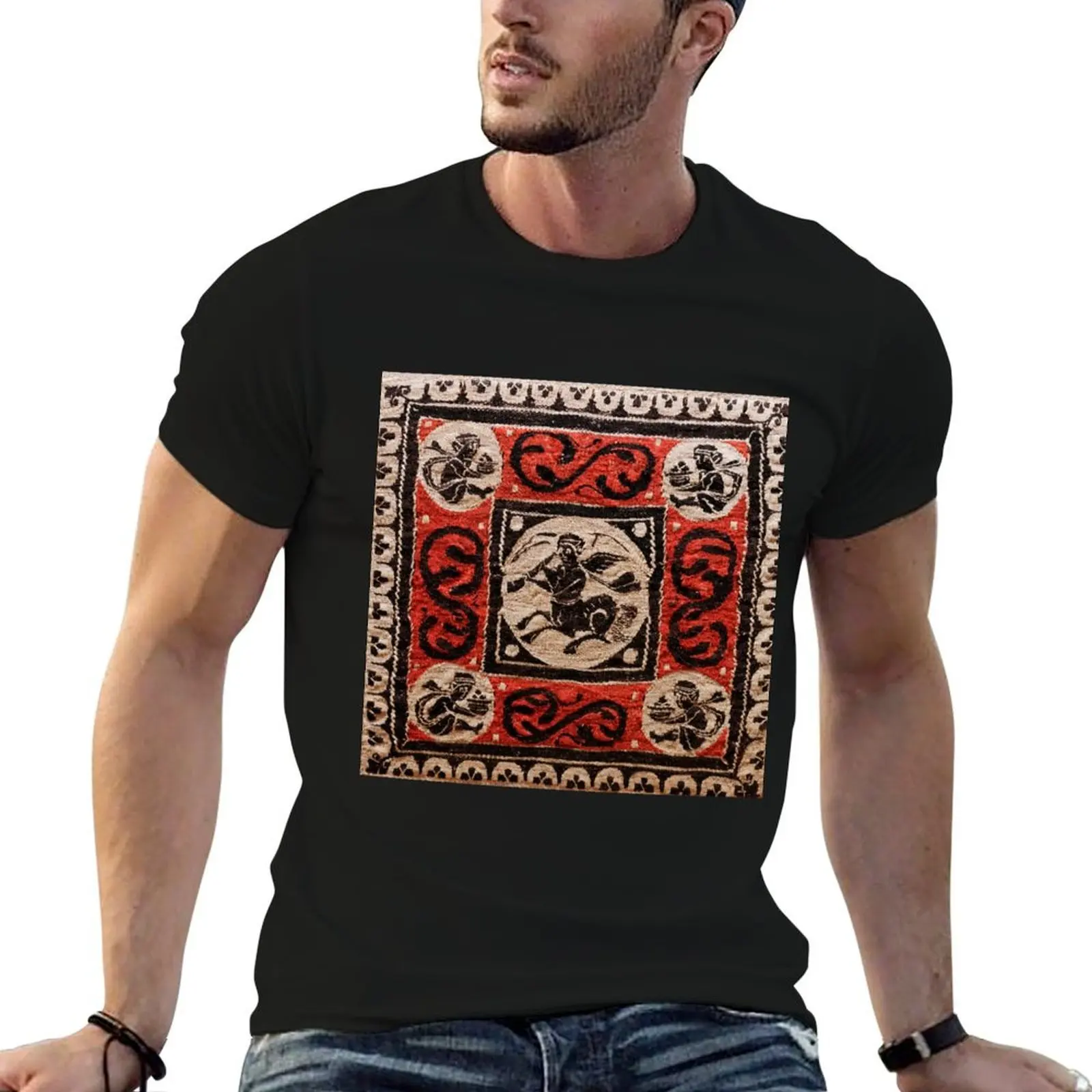 Coptic Egyptian Tapestry ,Centaur and Erotes In Red Black White T-Shirt topping anime clothes tshirts for men