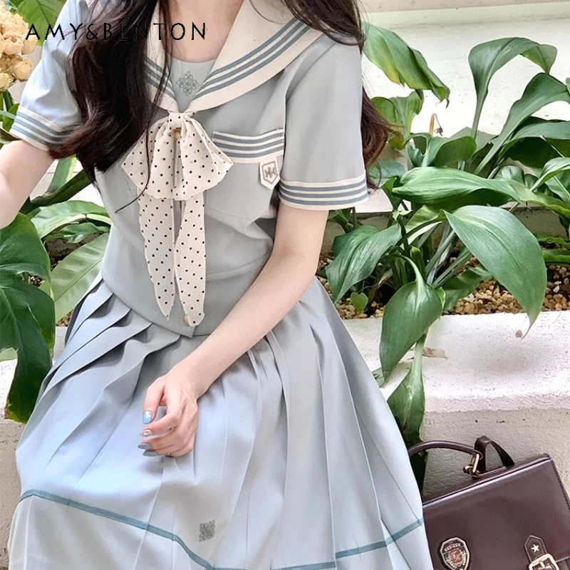 

Japanese Style Green White Solid Color Summer Sailor Collar JK Uniform Suit Cute Sweet Short Sleeved Top Pleated Skirt Sets Girl