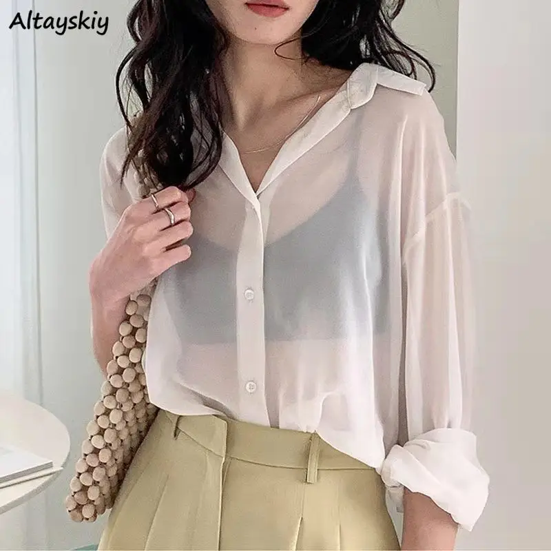 Chic Summer Thin Shirts Women Fashion Solid Simple Loose Leisure Young Breathable Soft Cool Tops Ladies All-match Sun-proof BF