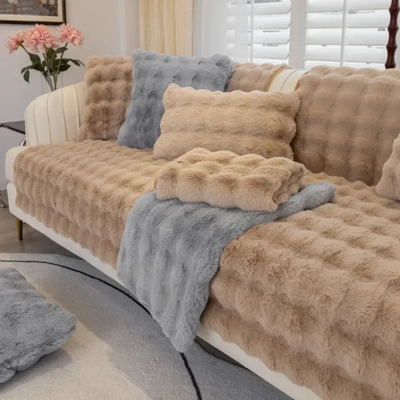 

Full set of rabbit plush sofa cushions Wholesale winter thickened sets of cloth napkins, plush cushions, anti slip sofa covers