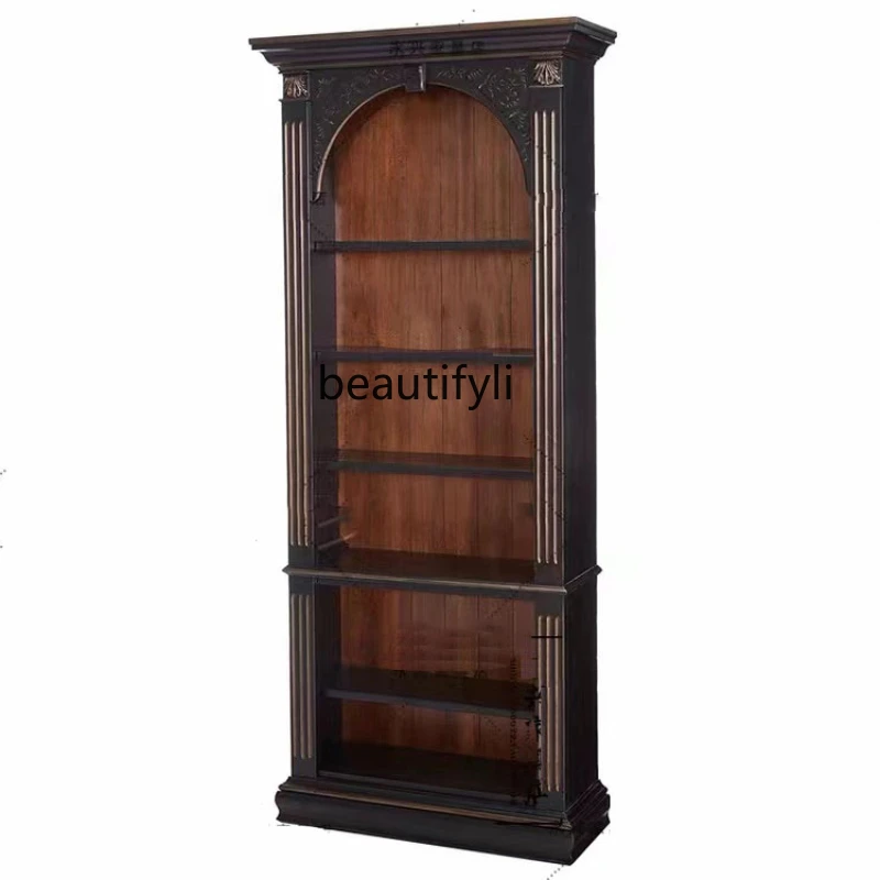 

American-Style Solid Wood Bookcase Ash Vintage Distressed Carved Living Room Locker Side Cabinet Designer Model