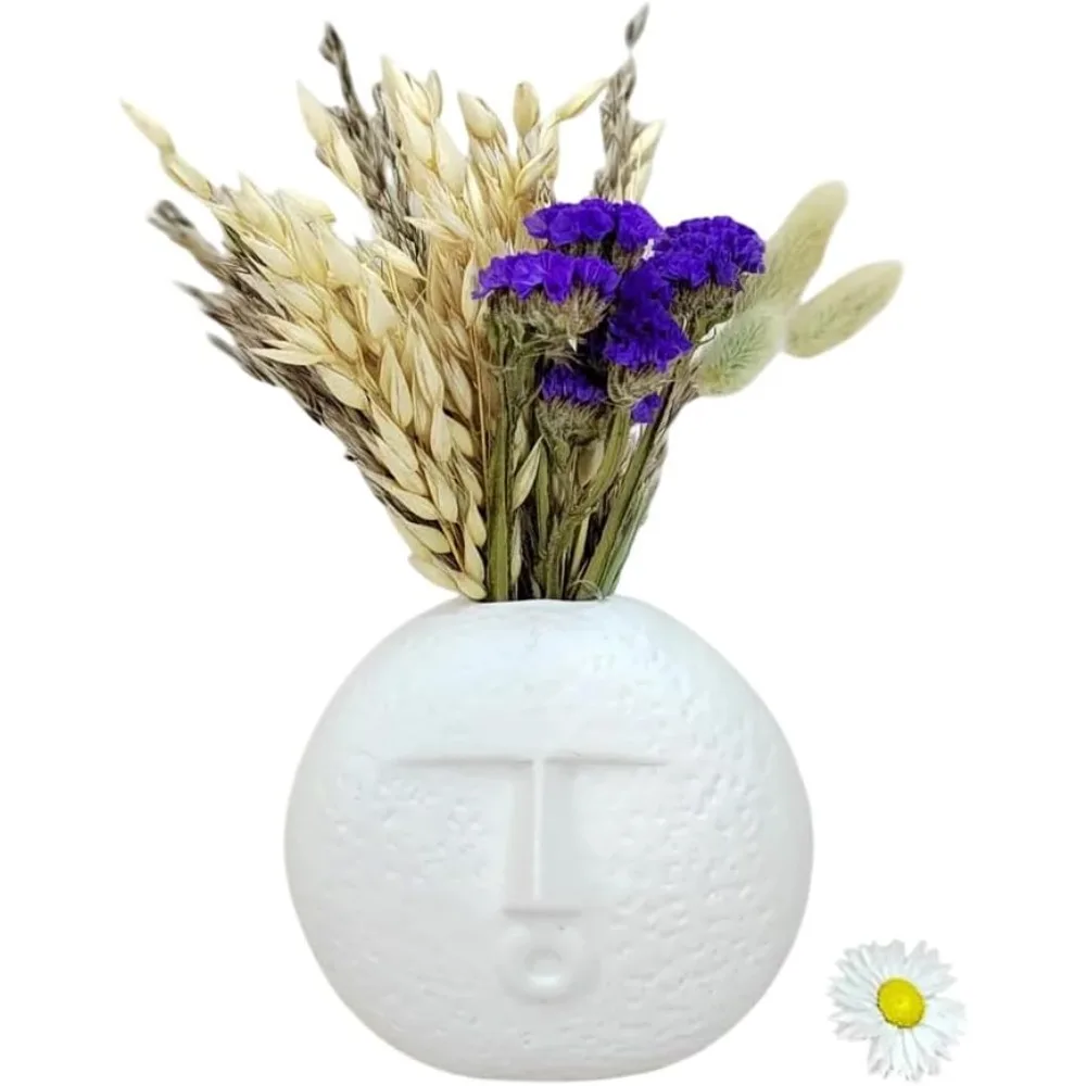 

Abstract Face Vase – Round White Plaster Decorative Planter, Minimalist Modern Art Home Decor for Table, Shelf, or Studio | Text
