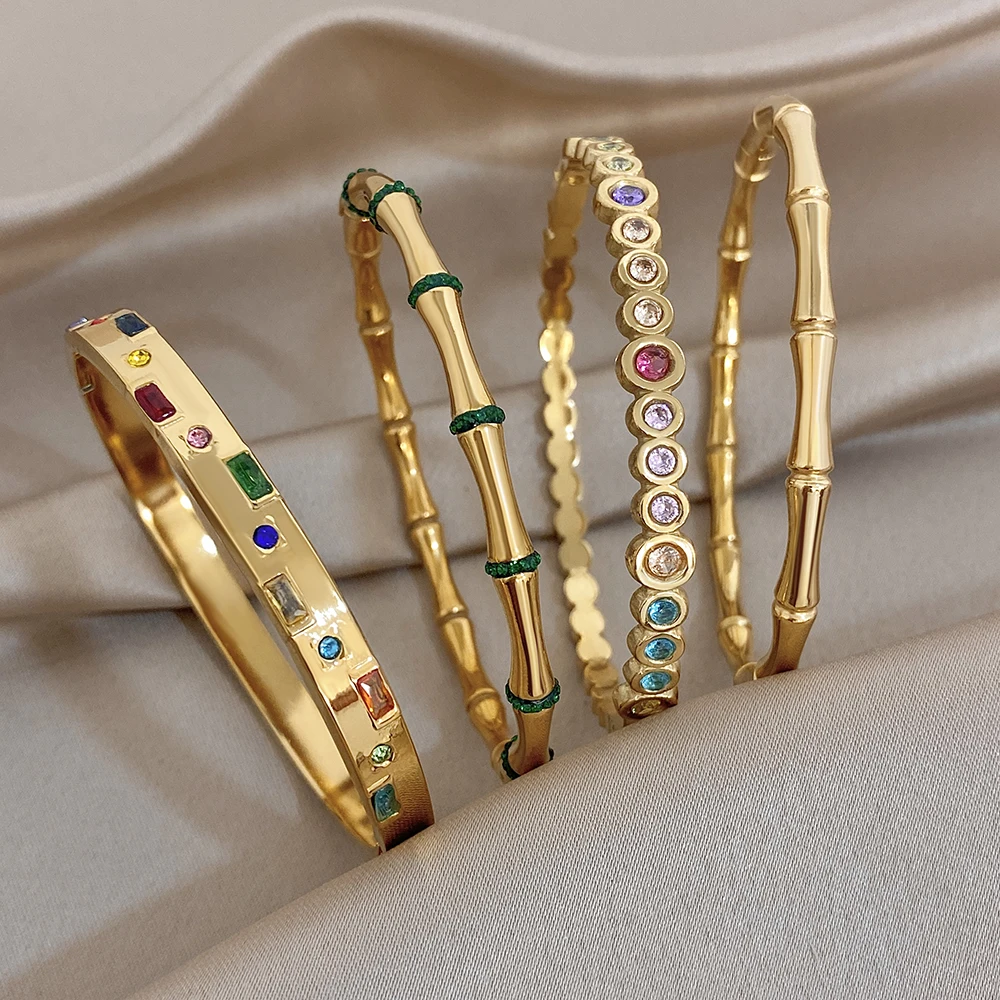 Simple Green Resin Bamboo Joint Bracelet For Women Classic Irregular Colored Cubic Zircon Filled Cuff Bangle Accessories Jewelry