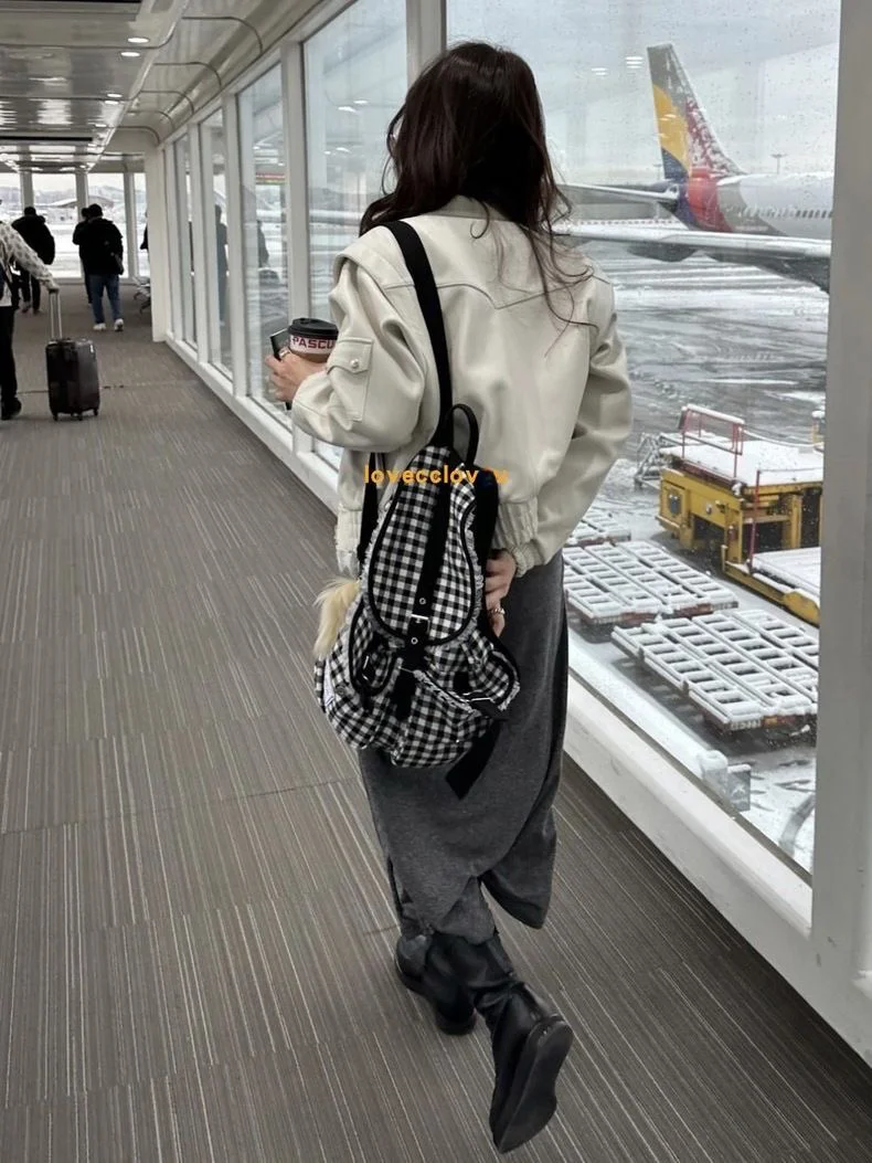 South korea  Black and White Plaid Lace Backpack Large Capaci Ballet Sle College Pocket Japan fashion Premium Backpack