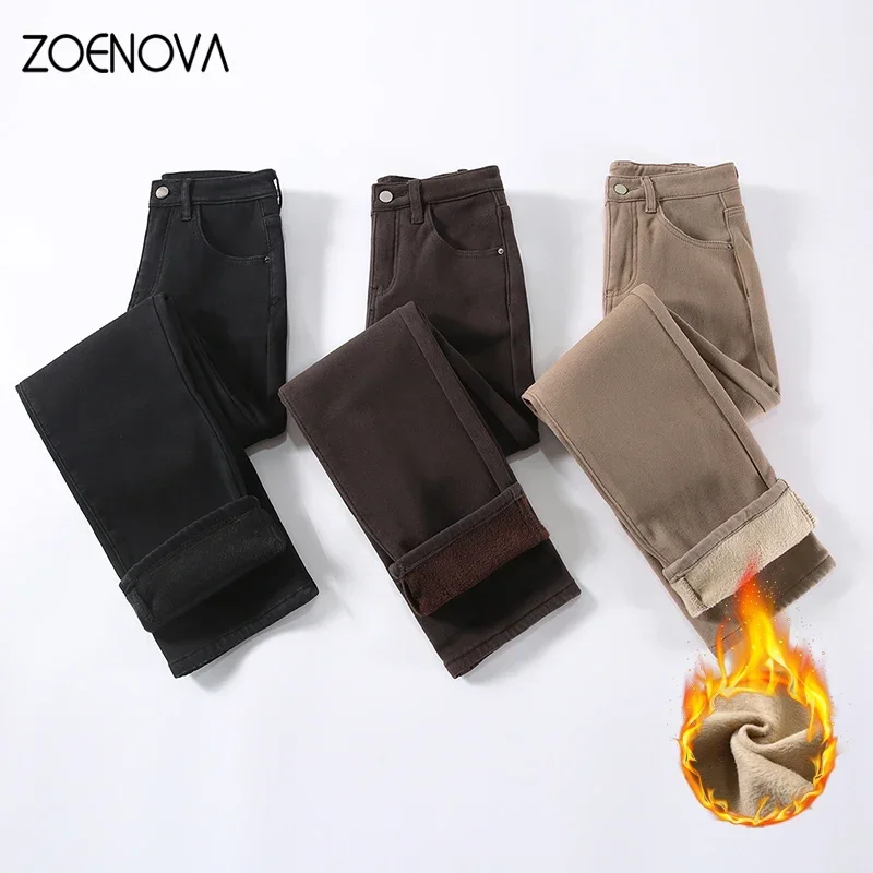 

ZOENOVA Winter Thick Jeans Women Midriff Waist Loose Simple Fleece Warm Slim Fit Stretch Ladies Casual Denim Cotton Pant Female