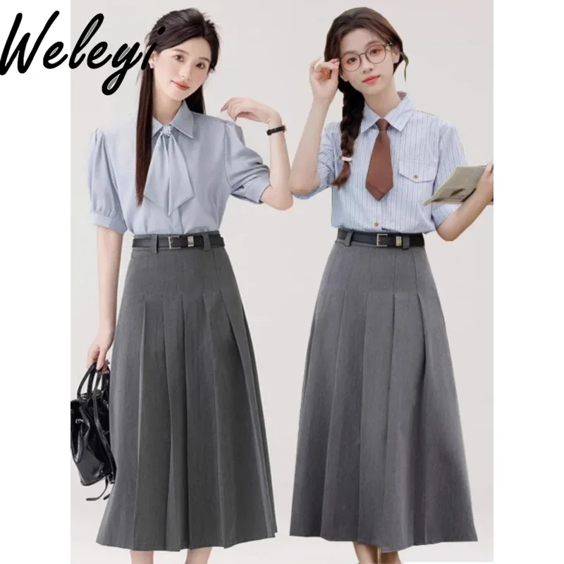 

Preppy Style Student Outfits Short Sleeve Blue Shirt and Belted Mid-Length Skirt Sweet Women's French Summer Two-Piece Suit