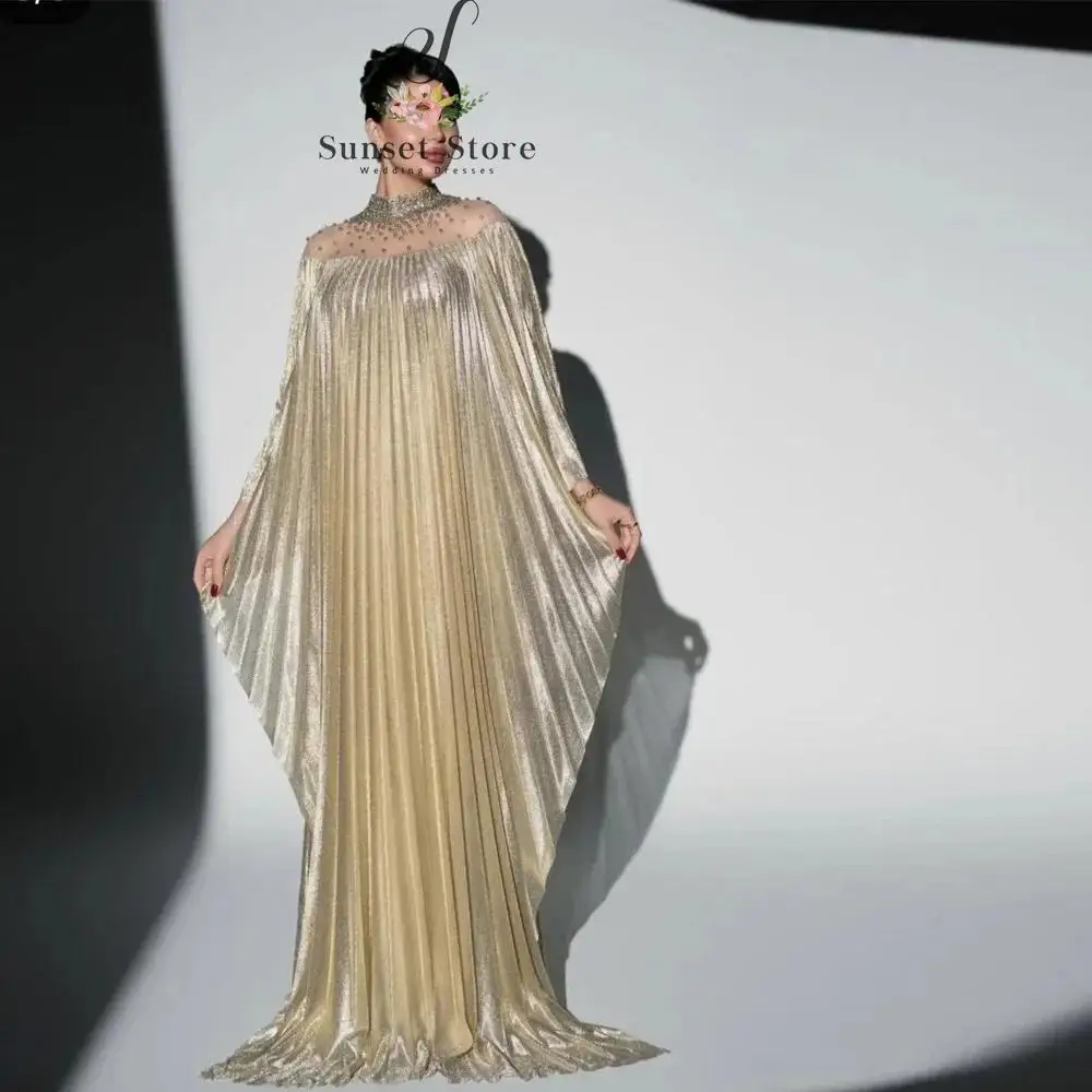 Customized Bead Neck Batwing Sleeve Evening Dress Pleated Metallic Formal Occasion Gown A Line Long Wedding Guest Outfit