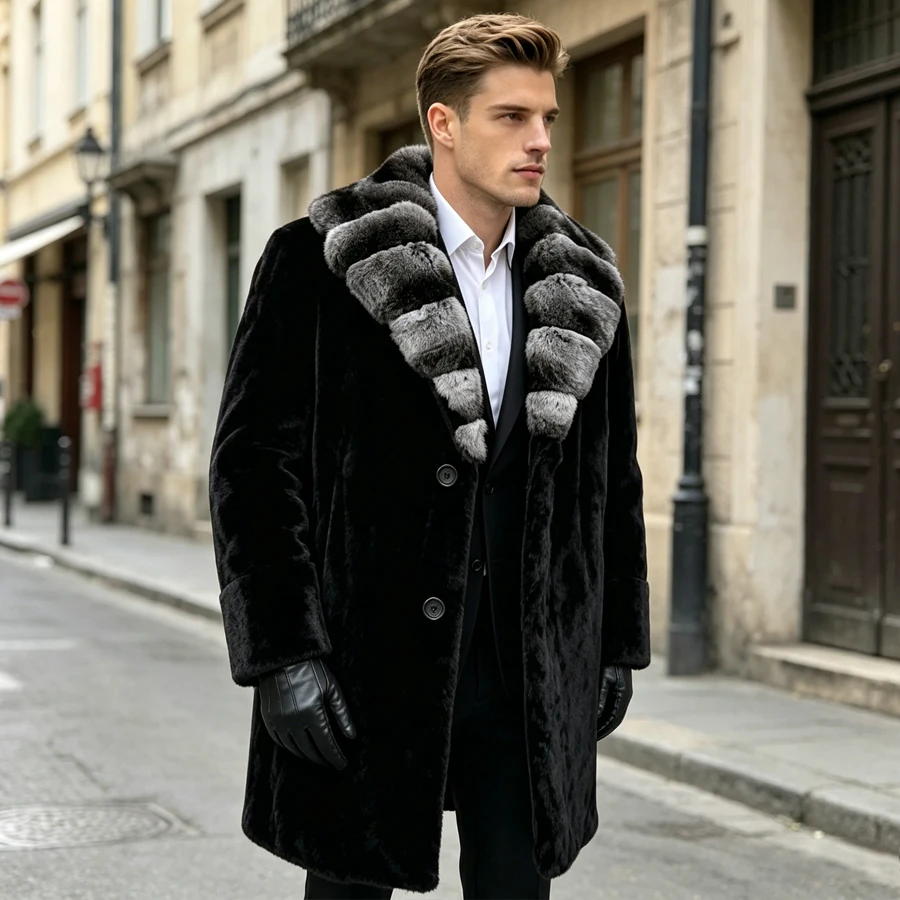 

Long Black Rabbit Fur Coat With Chinchilla Fur Collar Real Rex Rabbit Coat Furry Jacket Luxury Men's Winter Jacket
