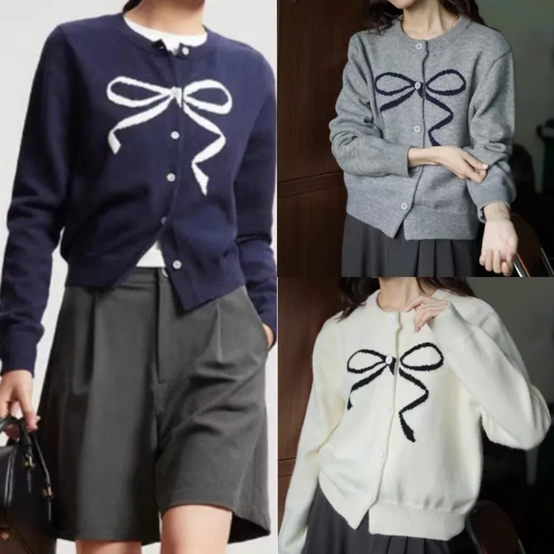 

Korean Bow Cardigan Jacket Coat Women Y2K Sweet Contrasting Color Knitted Sweater Cotton Bow Coat Autumn Winter Sweater Top New