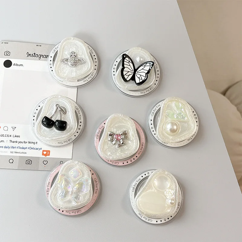 

Магнитный держатель-подставка для телефона с жемчугом и стразами в виде корейской бабочки для iPhone, выдвижная подставка-держатель для рабочего стола