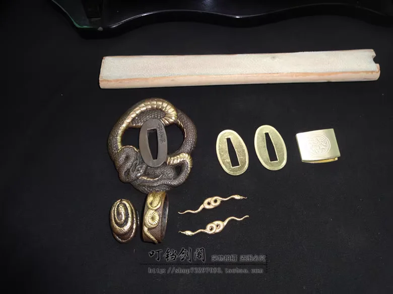 Set Japanese Katana Tsuka Handle Accessories, Real Rayskin,Original Wooden Tsuka,Copper Snake Tsuba,Seppa,Fuchi,Kashira,Menuki