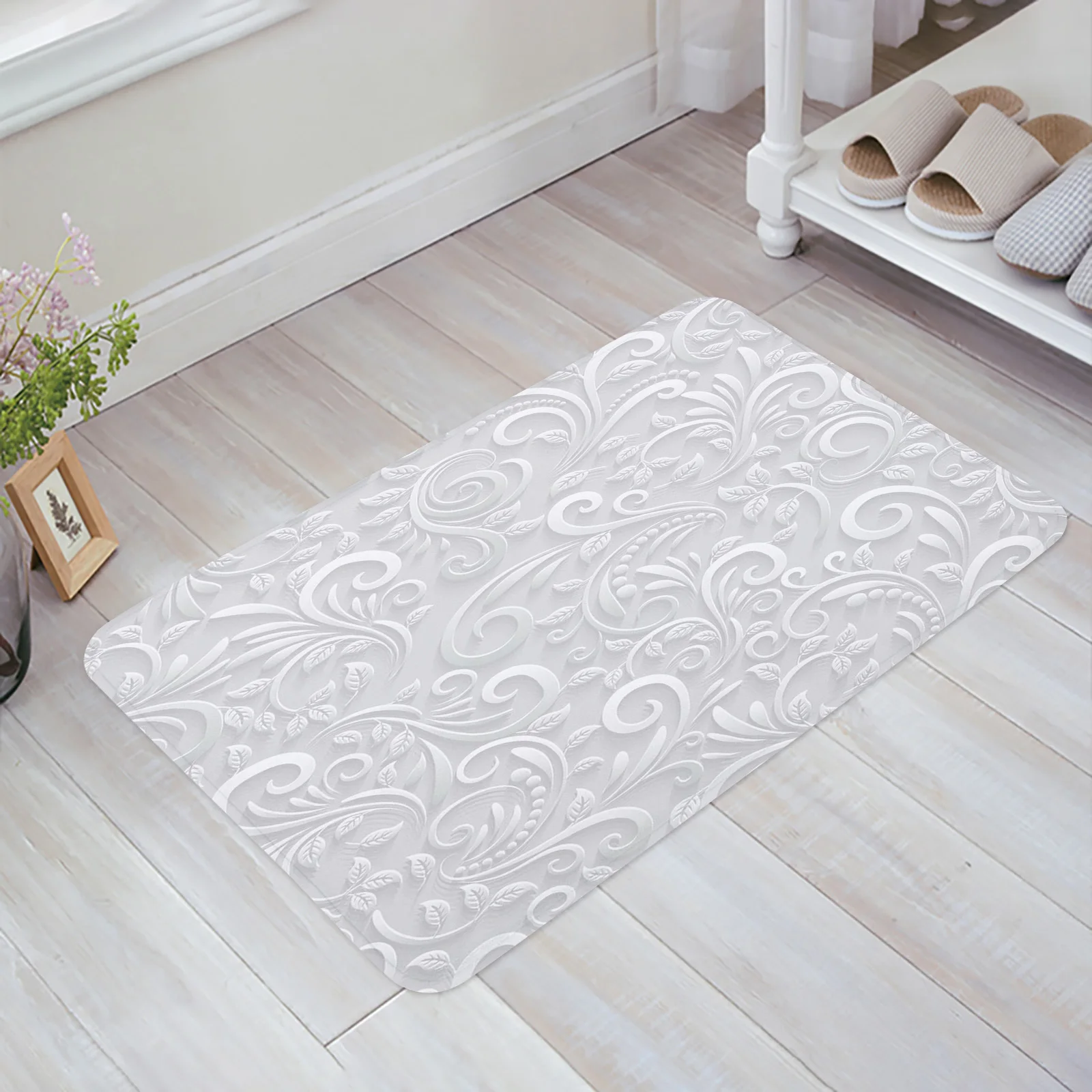 Silver Pattern Leaves Winter Theme Kitchen Floor Mat Living Room Decor Carpet Home Hallway Entrance Doormat Anti Slip Rug