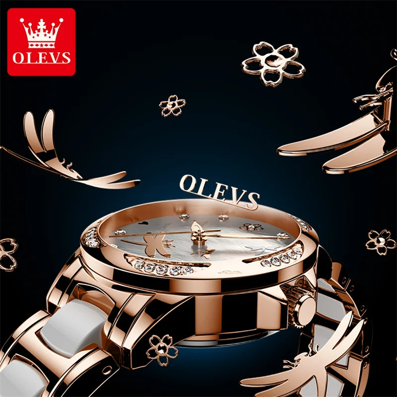 OLEVS Luxury Brand Butterfly Dial Women Automatic Mechanical Watch Ceramic Strap Waterproof Fashion Ladies Watches Relojes Mujer