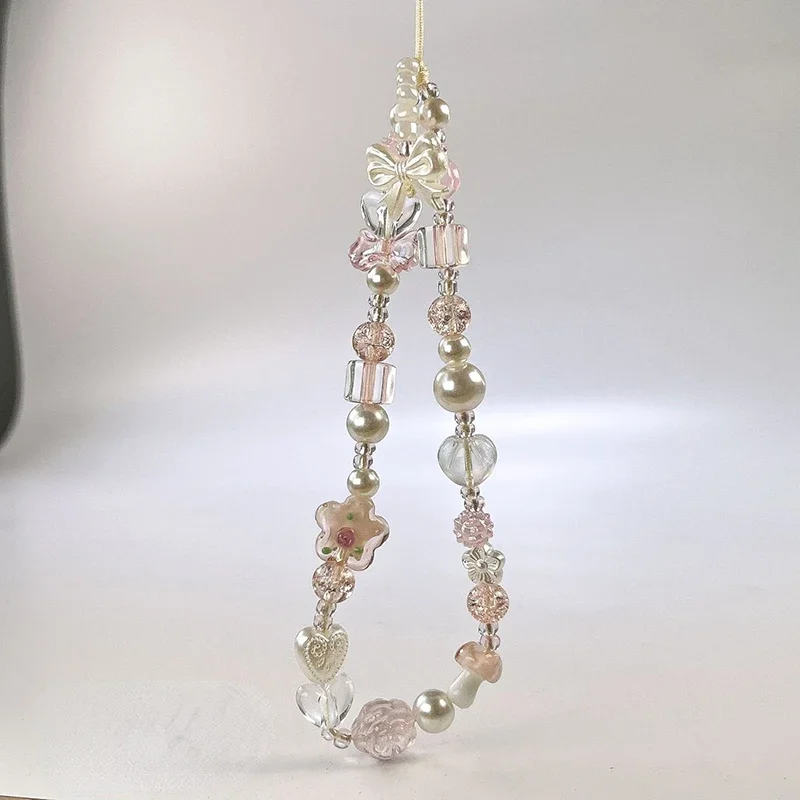 Cute Glass Bowknot Flower Bead Phone Strap Charm Chain Knot Cellphone Lanyard Keychain Girl Bag Camera Pendant for Airpods Case