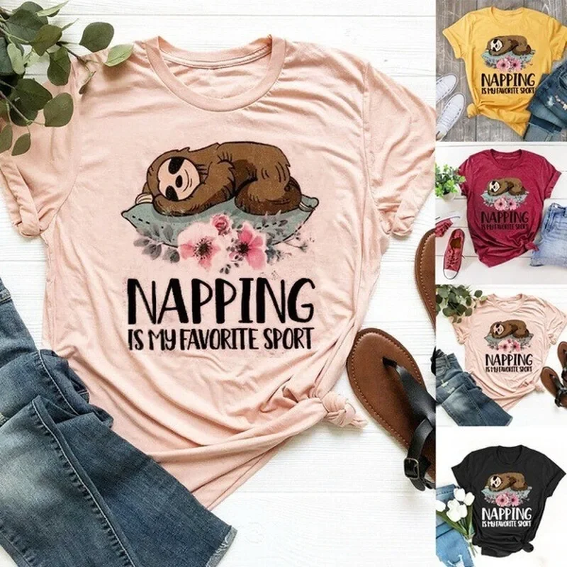 Napping Sloth Print T Shirt Women Short Sleeve O Neck Loose Tshirt Summer Women Tee Shirt Tops Camisetas Mujer