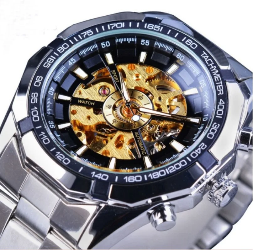 Men's Skeleton Automatic Self-Wind Mechanical Watch - Stainless Steel Strap, Openwork Design watch