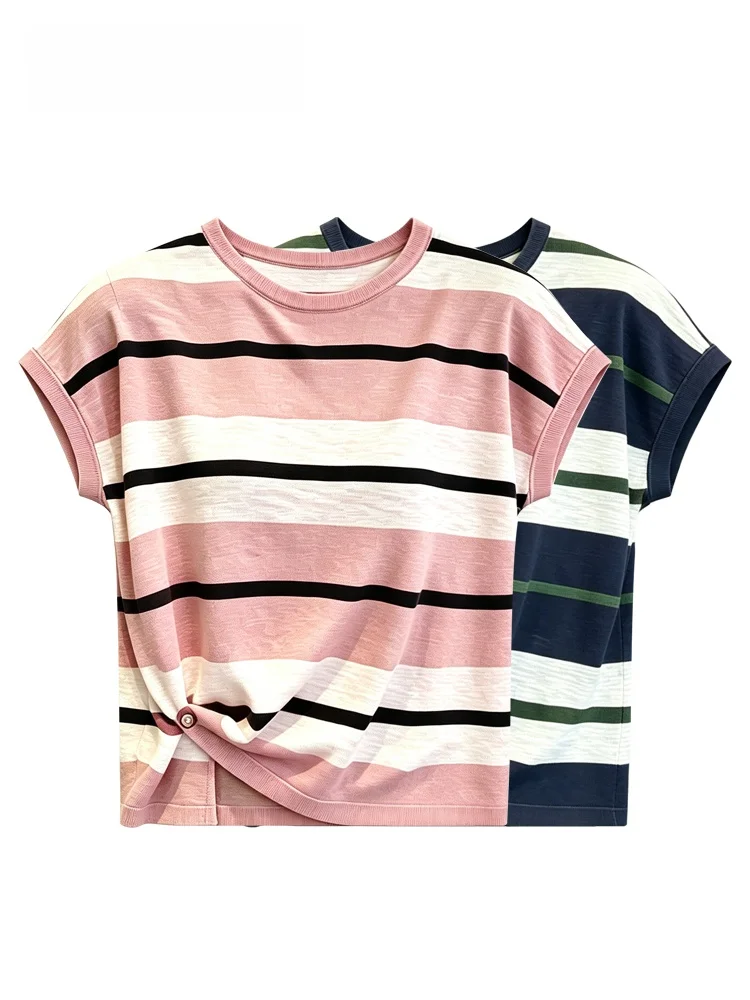 

plus Size Women's T-Shirt Short Sleeve round Neck Striped Casual Summer Top for Younger Women in Their Late Twenties