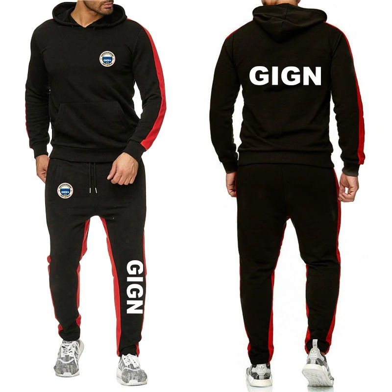 Heren Frankrijk Gendarmerie Gign Herfst Effen Kleur Capuchon Sweatshirt Pak 2-delige Set Sportieve Joggingbroek Casual Stijl Set