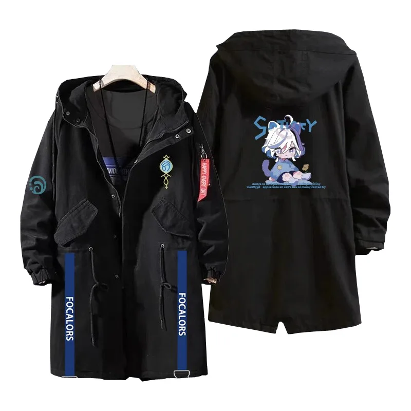 

Genshin Impact Spring Autumn Long Trench Coat Men Fashion Hooded Windbreaker Black Overcoat Furina Cosplay Casual Jackets