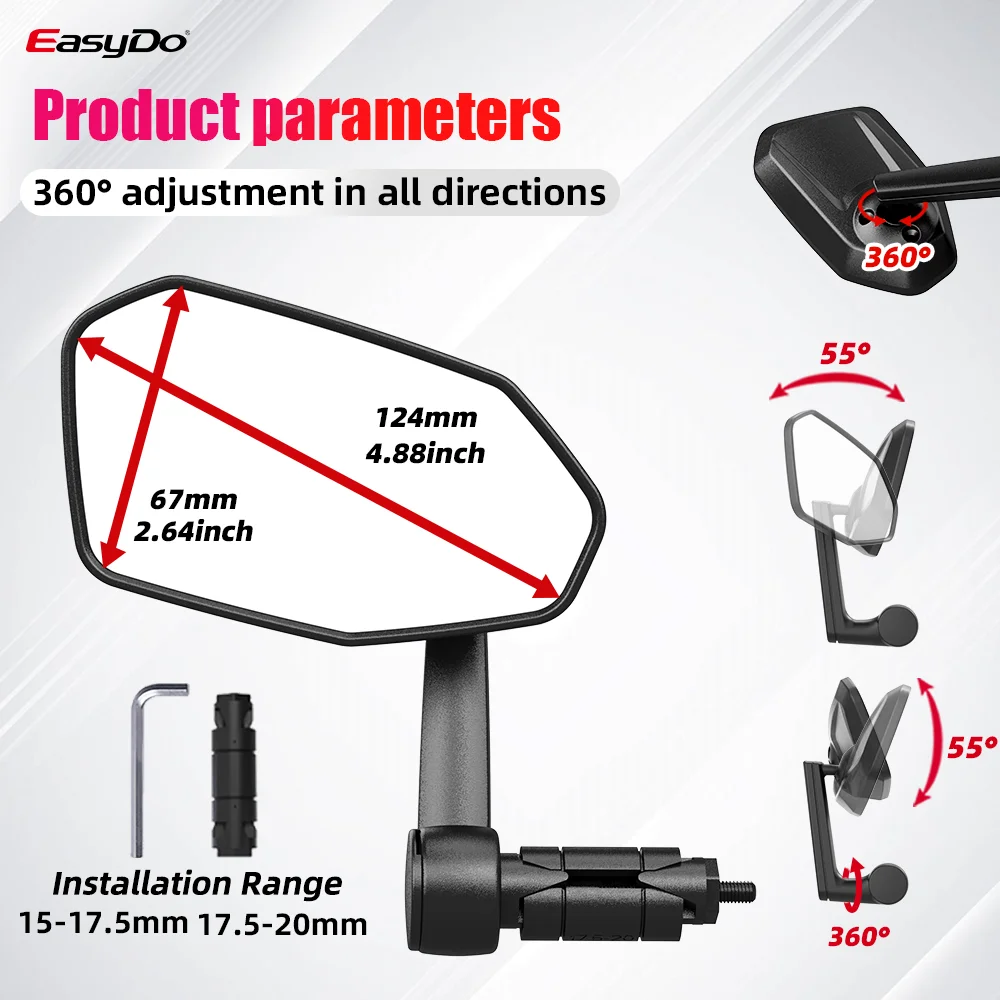 EasyDo Bicycle Mirror Rotatable Handlebar End Bike Rearview Mirror Durable Wide Angle Adjustable Reflector for MTB Road E Bike