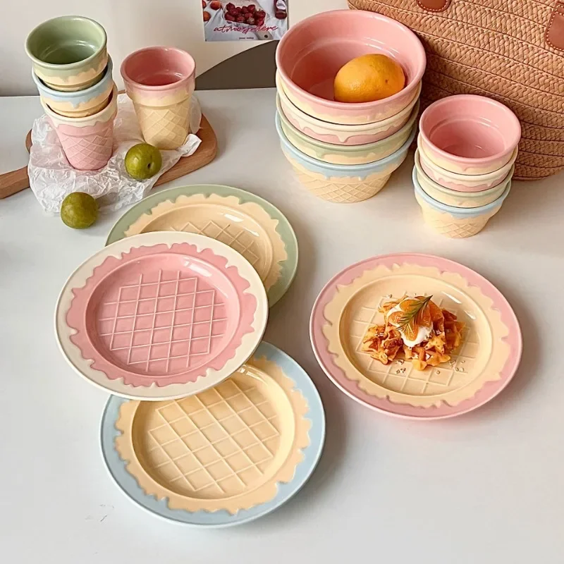 Ahunderjiaz-Creative French Ceramic Cake Dessert Tray, Cute Ice Cream Cafe Tableware Set, Home Kitchen Plates