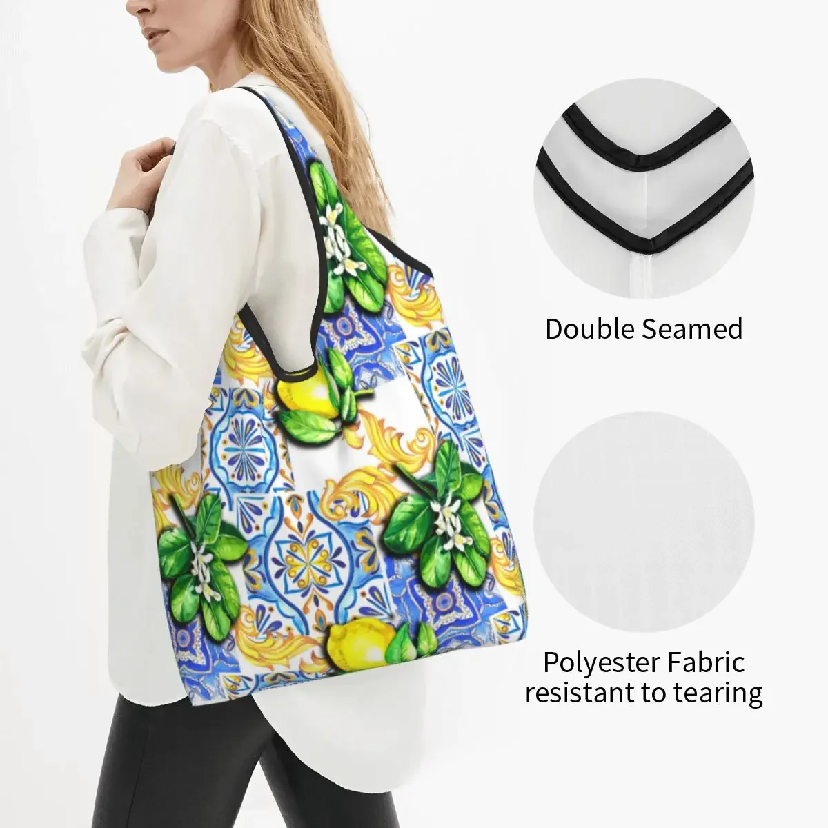 Recycling Mediterranean Tiles Summer Fruit Lemons Shopping Bag Women Tote Bag Portable Groceries Shopper Bags