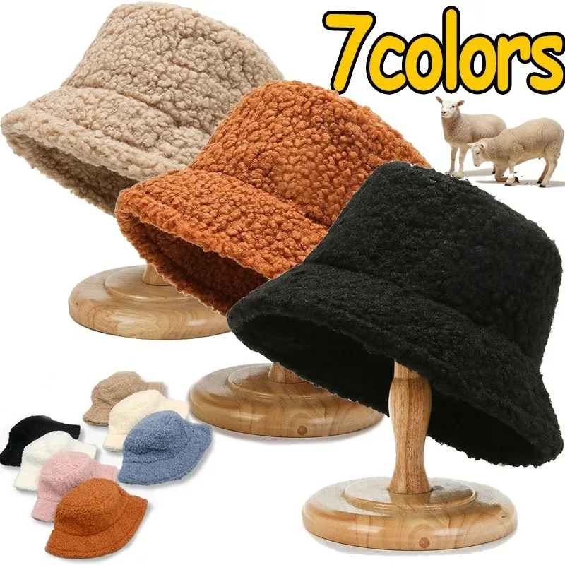 7colors Cashmere Bucket Hat Girls Winter Lamb Wool Lady Fisherman Hats Wide Brim Flat Top Cold-proof Windproof Cap Solid Color